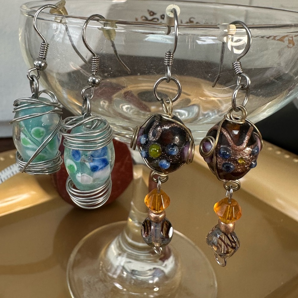 Two pair wire wrapped glass bead earring